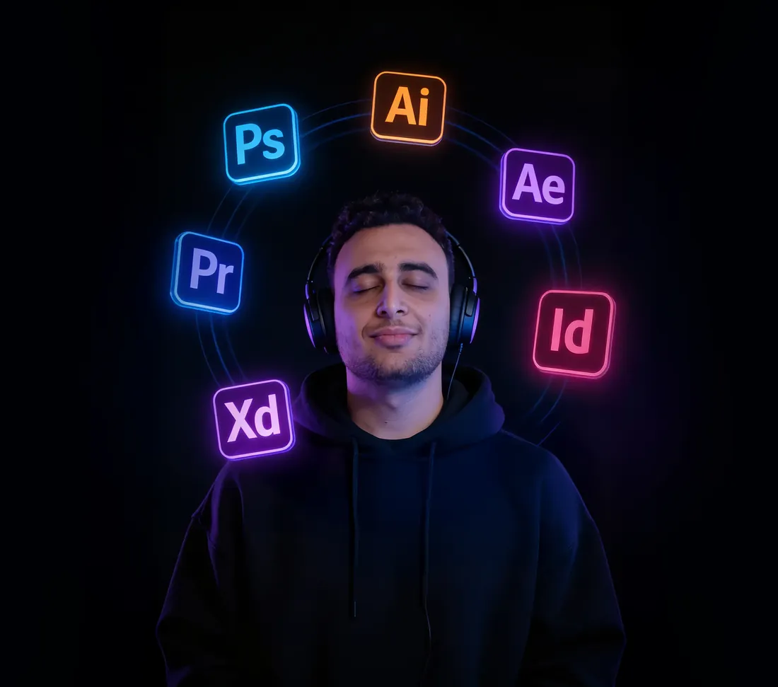 Ibrahim wearing headphones, surrounded by glowing design app icons
