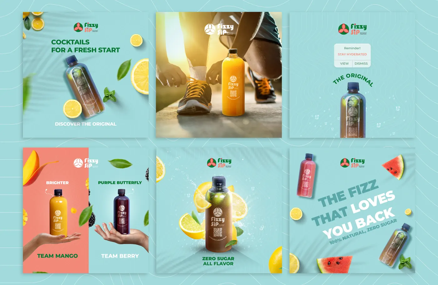 Fizzy Sip social media post designs, set 1